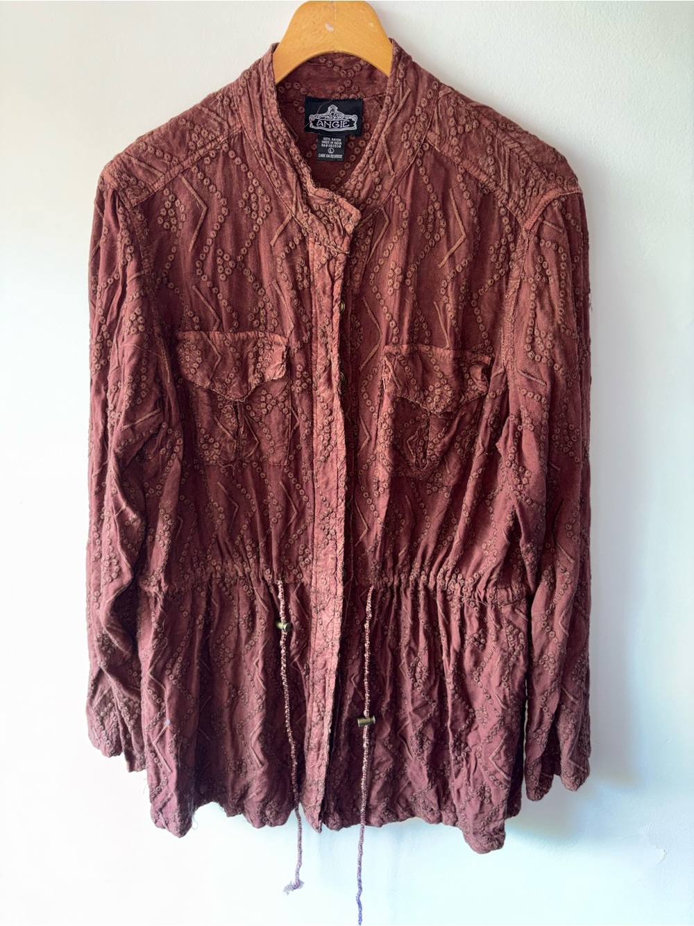 Angie Embroidered Drawstring Utility Jacket Rust Brown Size L Boho Festival
